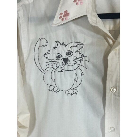 Handmade Retro Cat Embroidery Shirt Button Up 16.5 Cream Glam Classic Chic 80s - Picture 5 of 16